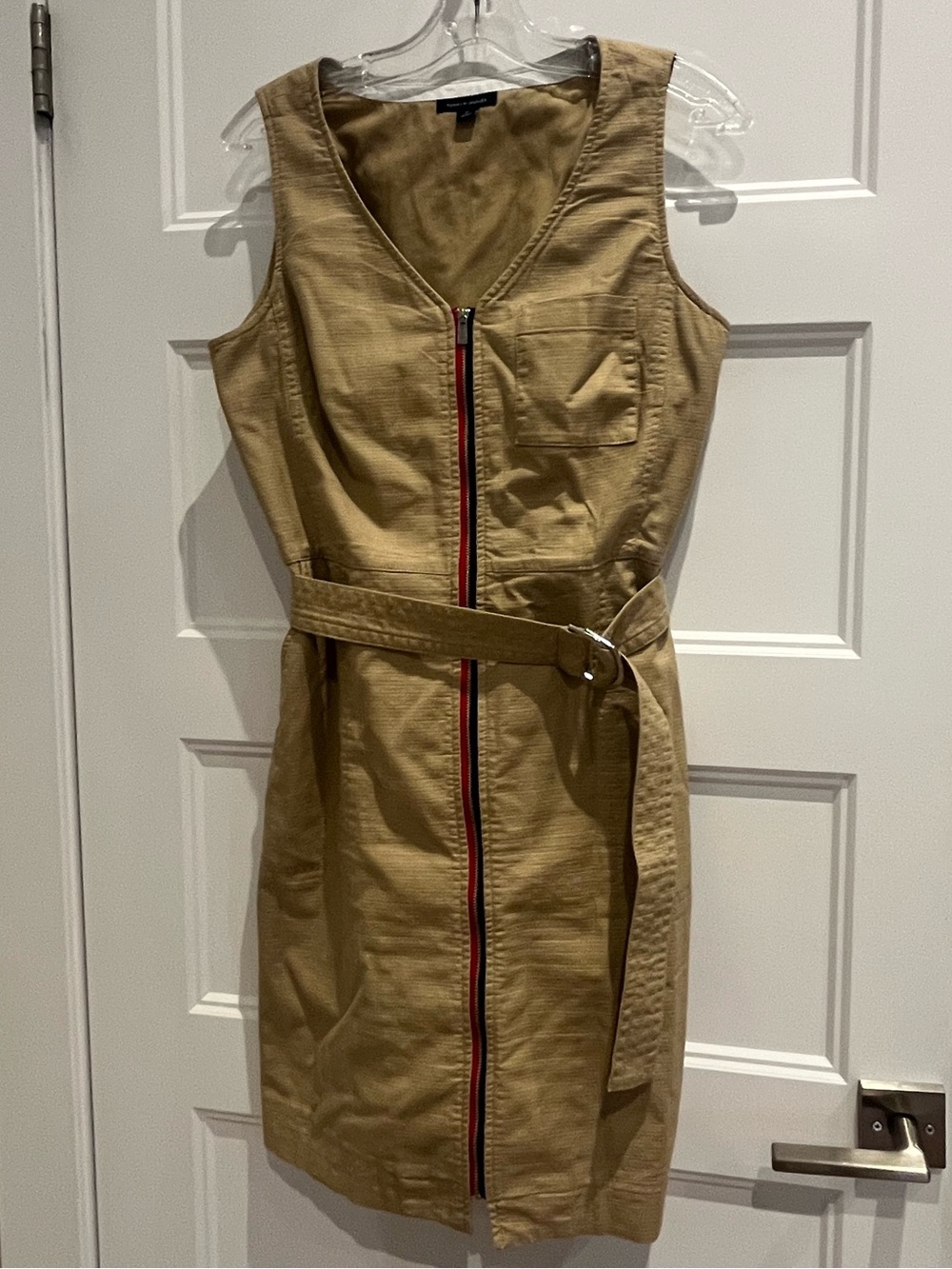 Tommy Hilfiger Khaki Sleeveless Belted Mini Dress with Red-Accent Zip